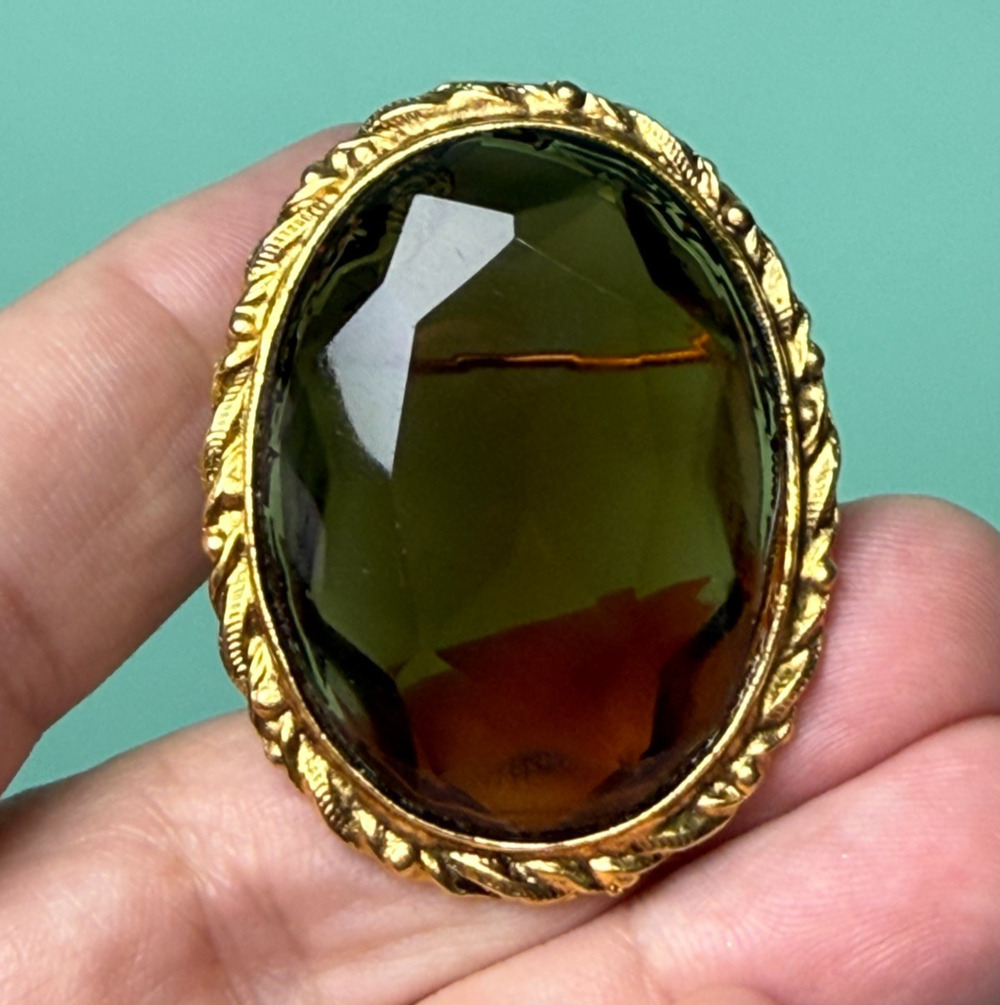 Vintage Large Oval Statement Brooch Pin Smoky Quartz Topaz Amber Root Beer Glass